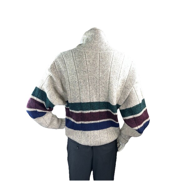 Vintage 1990s Eddie Bauer Mens Striped Wool Cowl Neck Chunky Sweater L - Picture 5 of 9